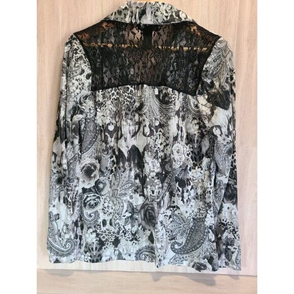Signature Studio Rose Print Top Medium Black White Lace Long Sleeve Blouse - Picture 2 of 7